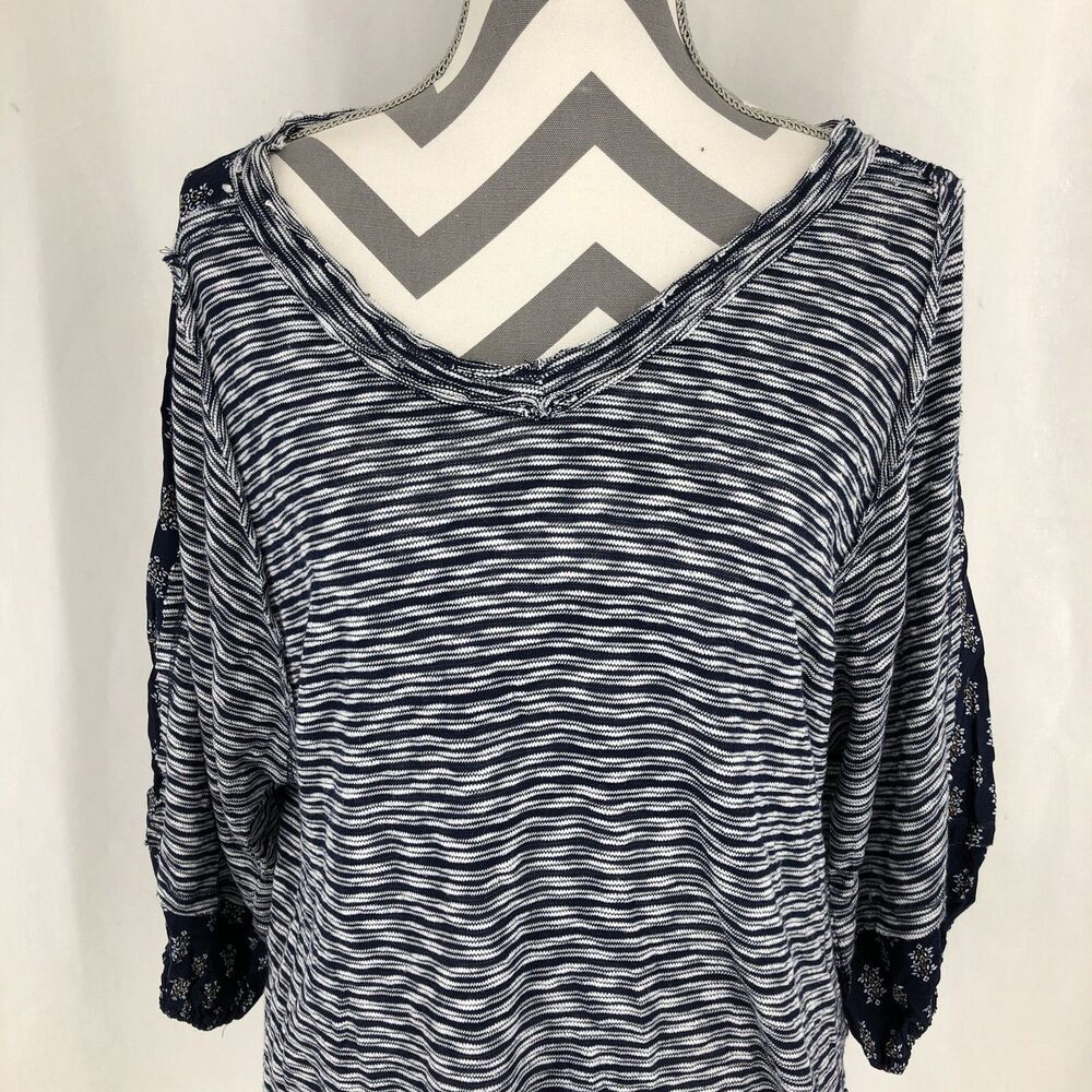Eyeshadow Blue White Striped Top Floral Sleeve Shirt Small